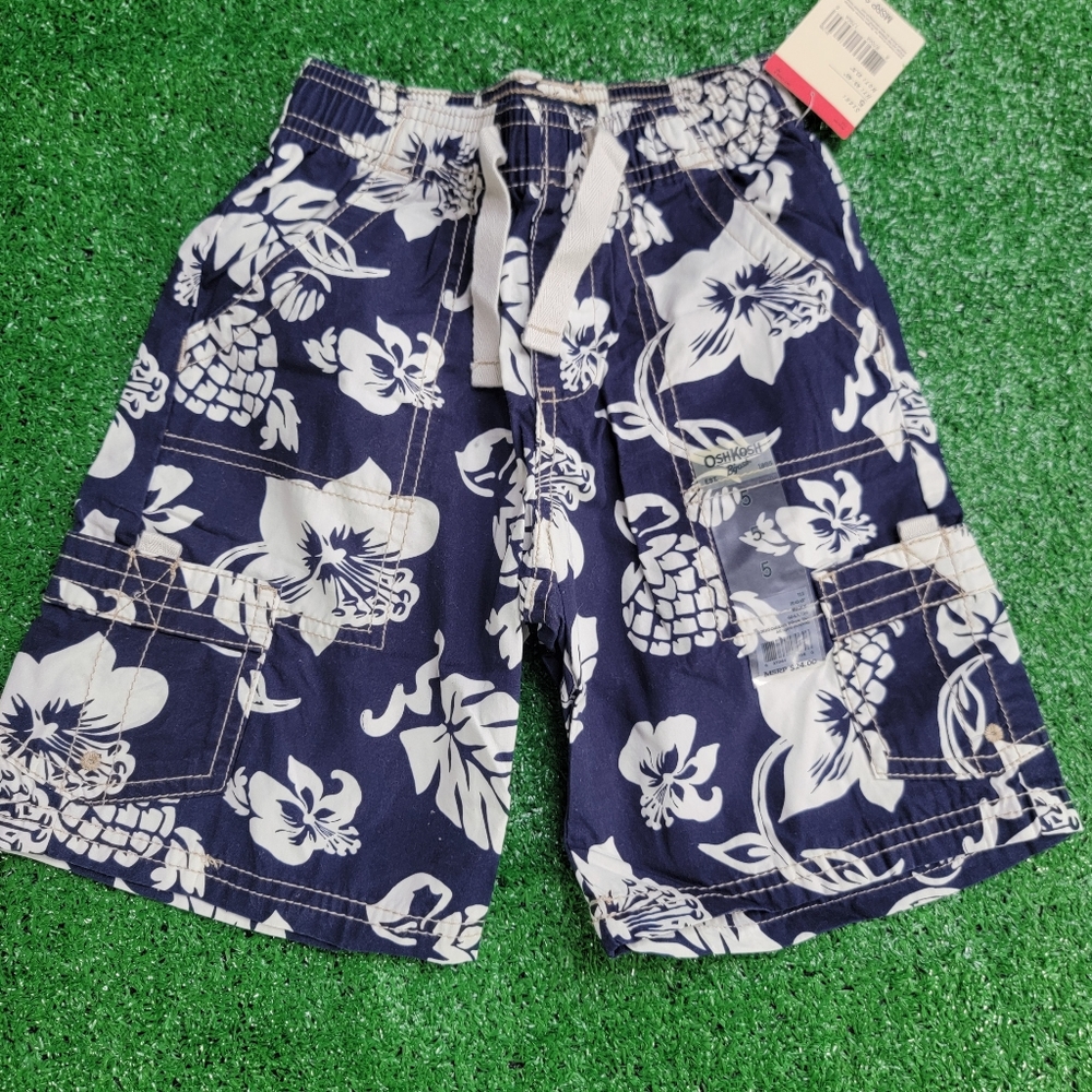 Oshkosh B'gosh Little Boy's Hawaiian Style Cargo Swim Trunks Size 5 Blue White